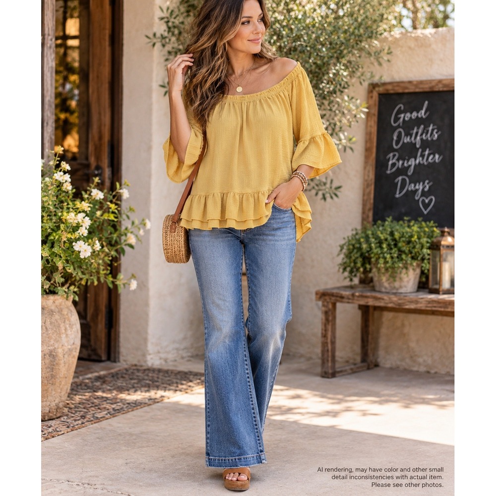 Haute Mode Small Peasant Blouse Mustard Yellow Off Shoulder Bell Sleeve 70s Boho